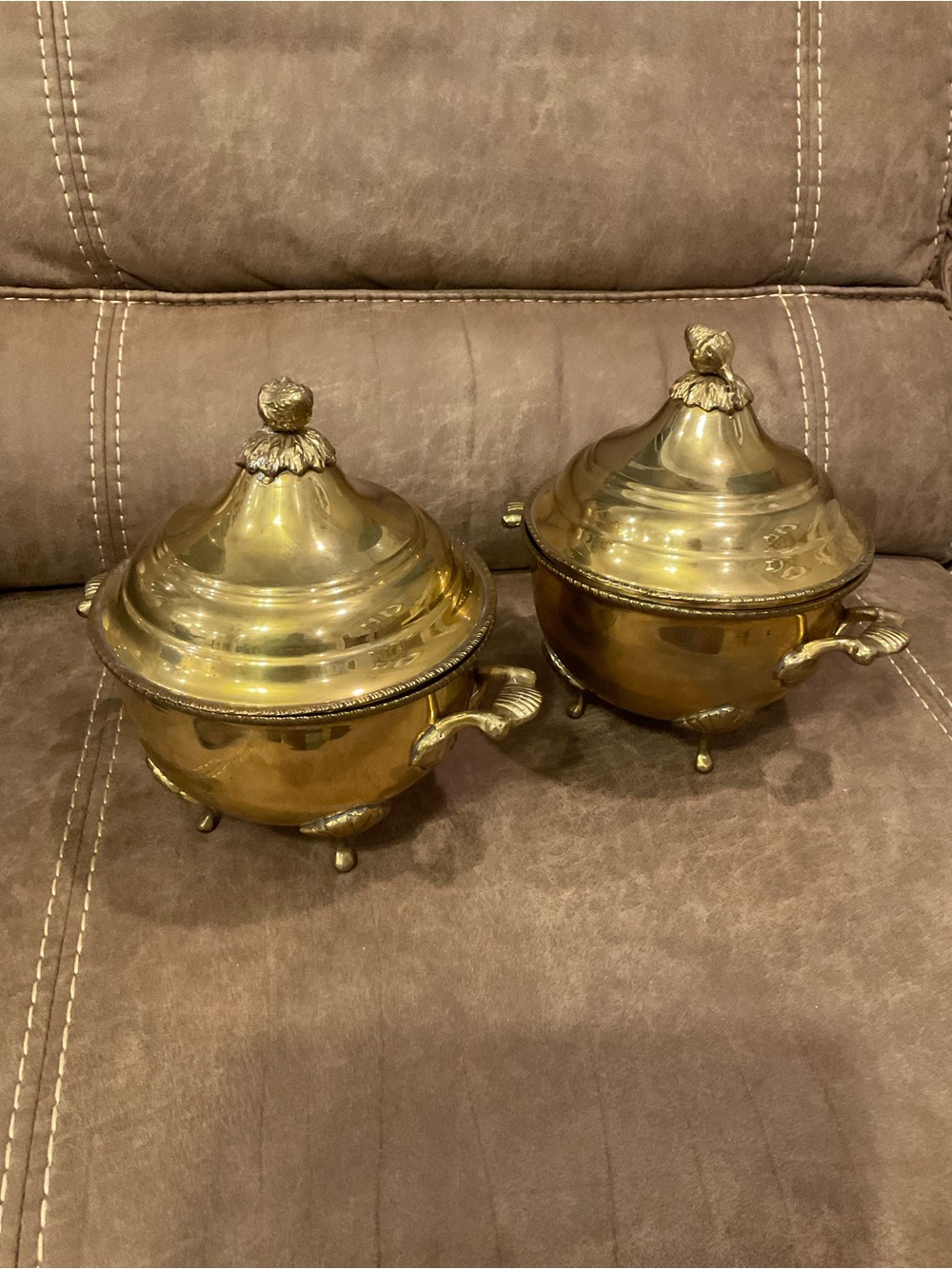 Set of 2 Vintage Brass Jars with Shaped Handles and Feet